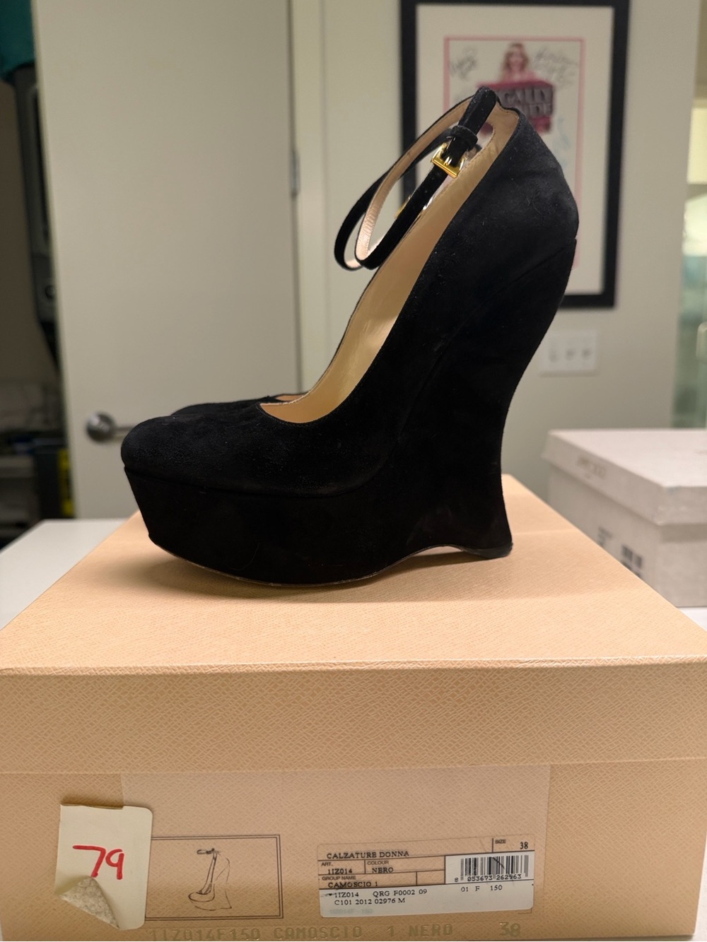 Prada Black Suede Platform Wedge Heels Ankle Strap Size 38 (US 8) With Box - Picture 4 of 10